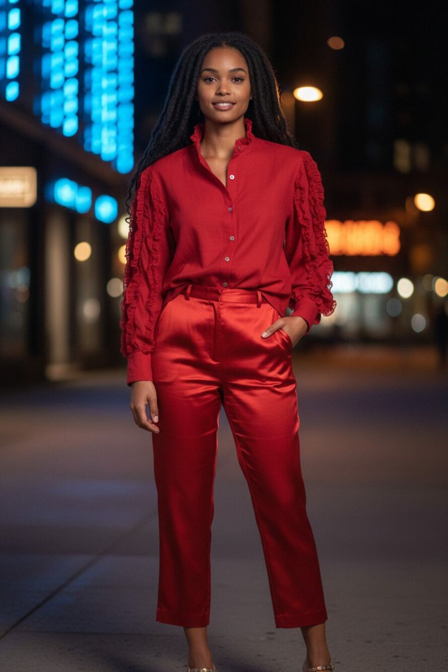 JOHN MARK Red Wire Collar Ruffles & Chiffon Sleeve Shirt - XL